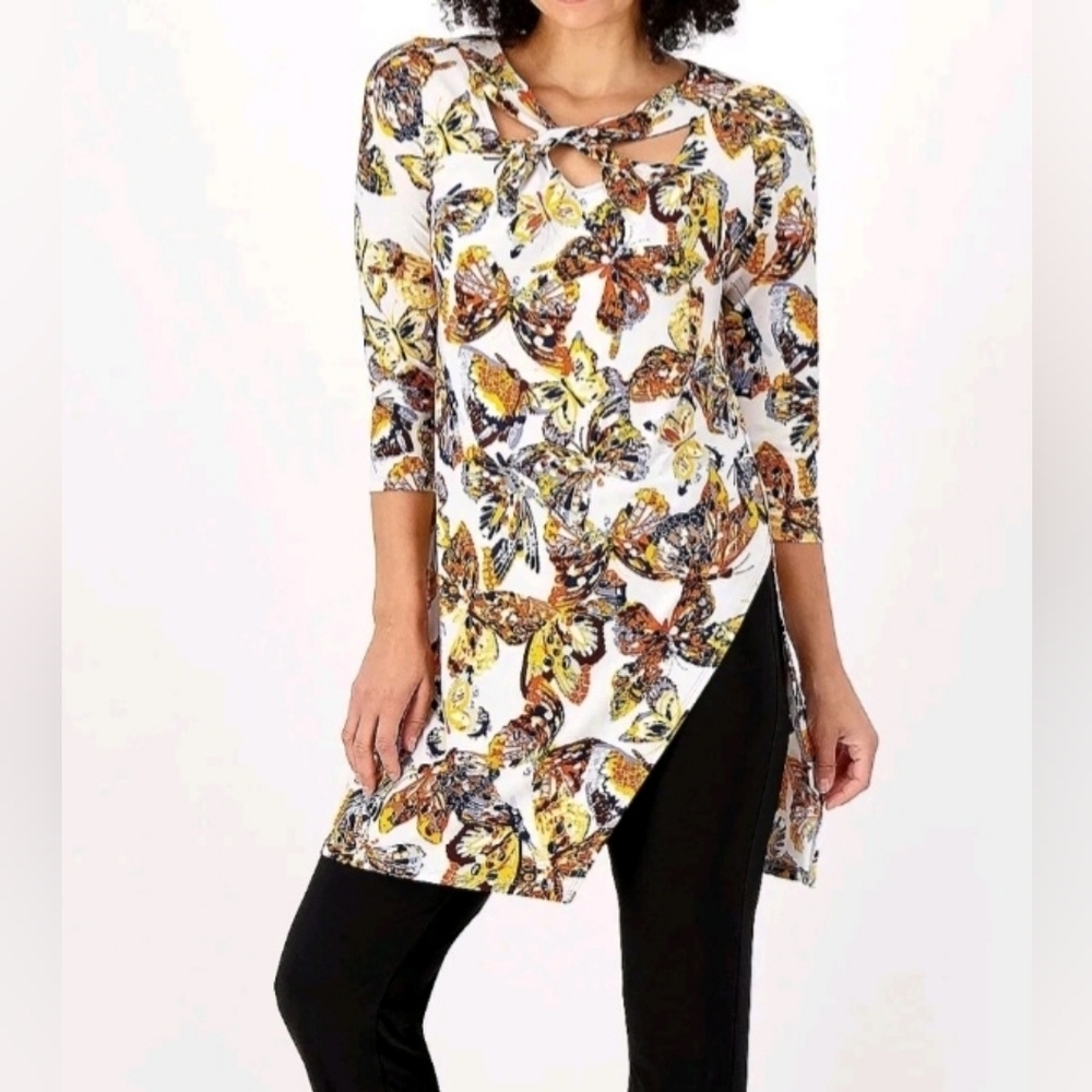 Attitudes by René Butterfly Print Tunic Top Women Small Keyhole Neck Relaxed Fit - Picture 2 of 14